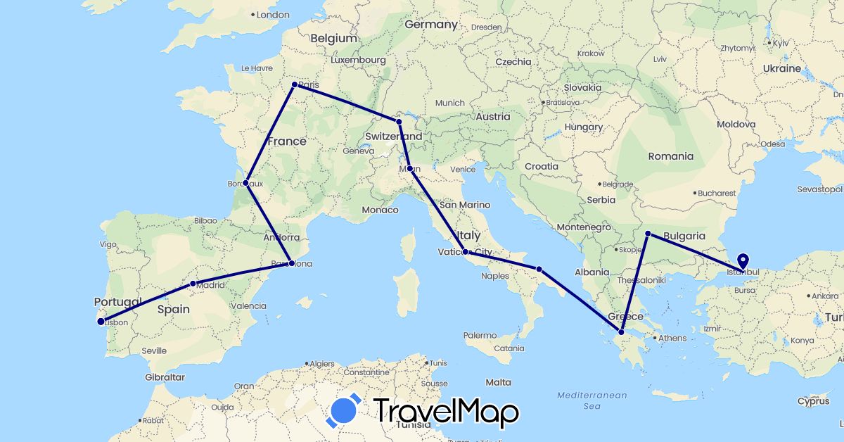 TravelMap itinerary: driving in Bulgaria, Switzerland, Spain, France, Greece, Italy, Portugal, Turkey (Asia, Europe)